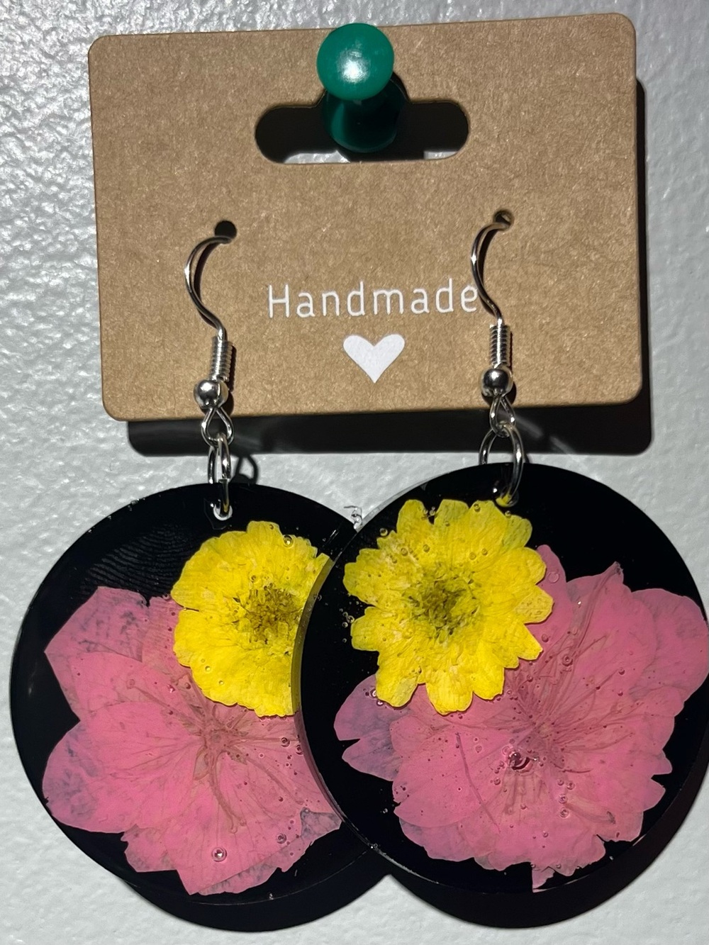 Handmade Resin Earrings with Pink & Yellow Pressed Flowers